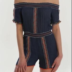 Letarte Maui Embroidered Off Shoulder Romper Blue Size Medium